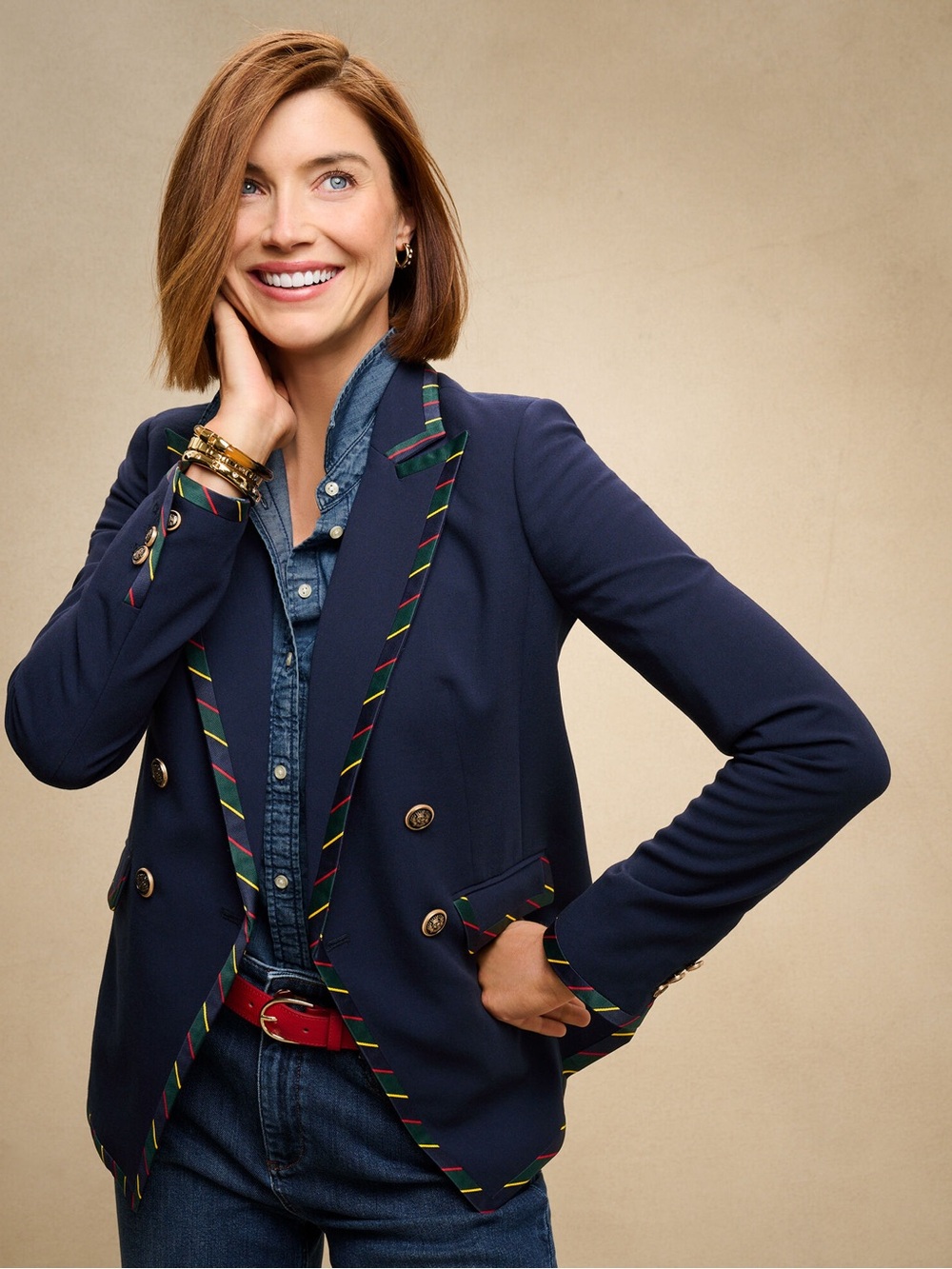 Talbots Navy Blazer with Green, Red and Yellow Trim